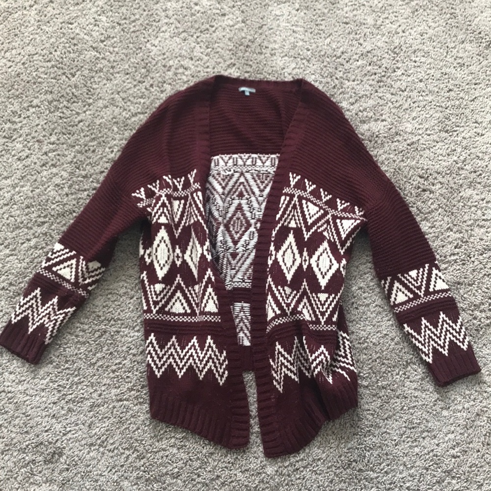 Burgundy and cream Aztec pattern cardigan
